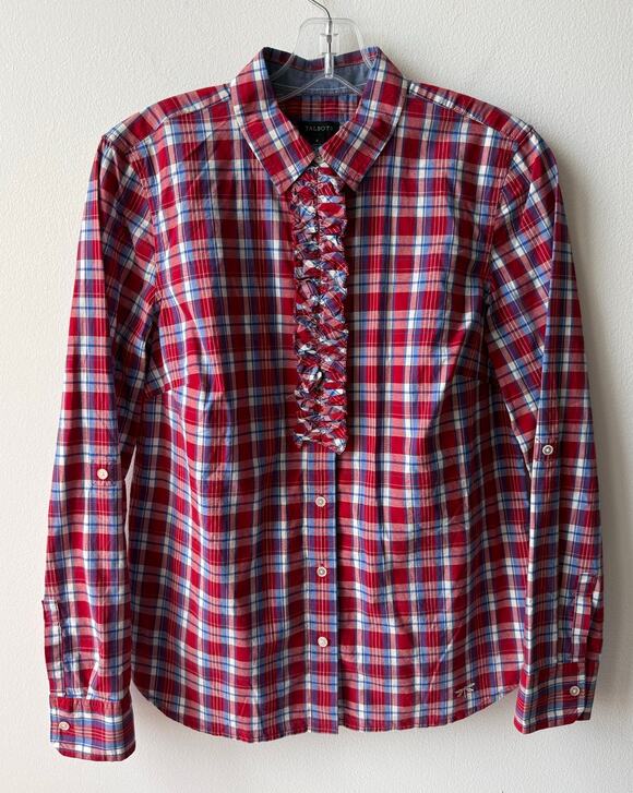 Talbots Tops - Talbots Plaid Ruffle Shirt Red White Blue Preppy Retro Button Down Top Women S